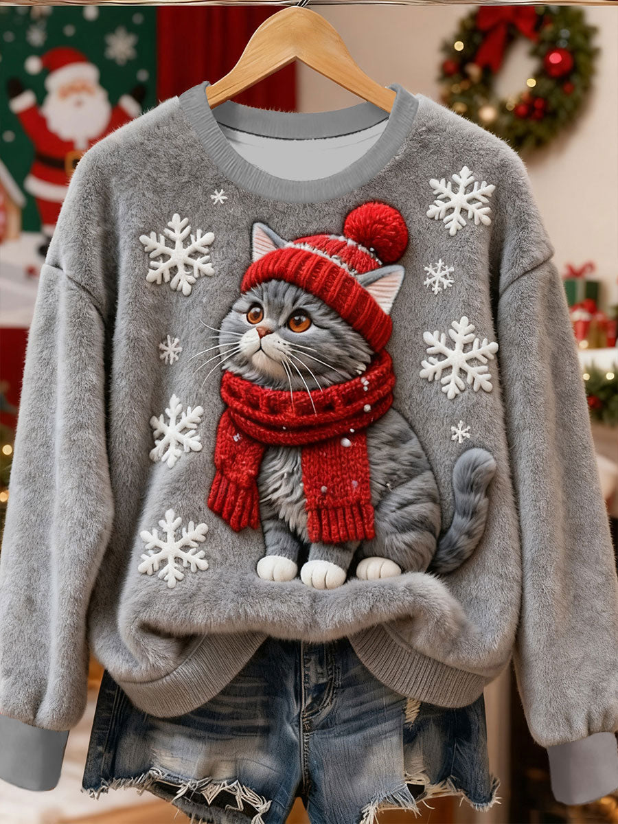 Kvinnors söta julkatt konsttryck casual flanell sweatshirt