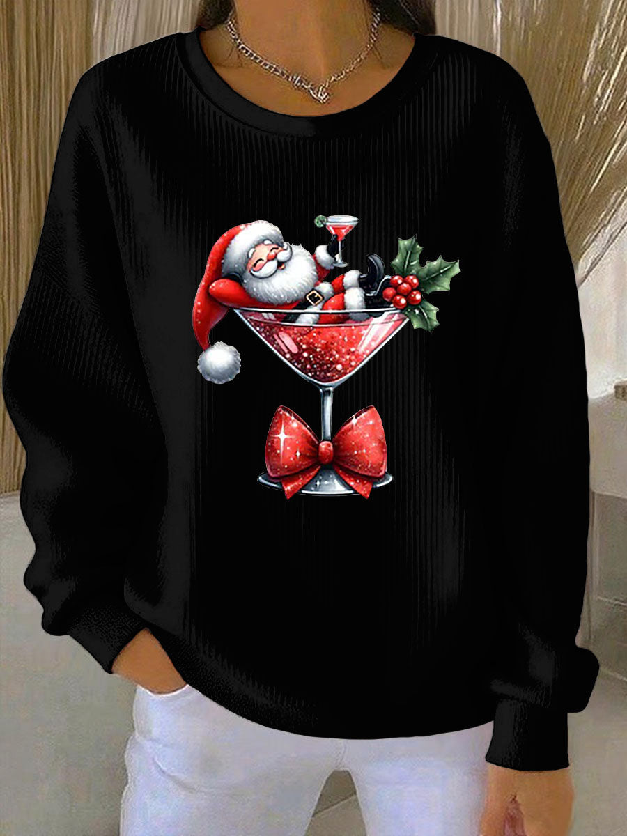 Kvinnors jultröja tryckt Ribbad rund hals sweatshirt