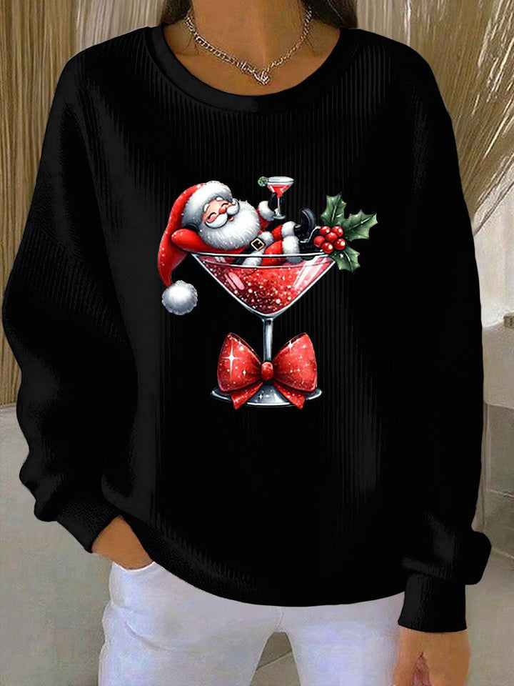 Kvinnors jultröja tryckt Ribbad rund hals sweatshirt