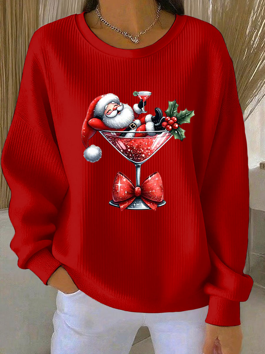 Kvinnors jultröja tryckt Ribbad rund hals sweatshirt