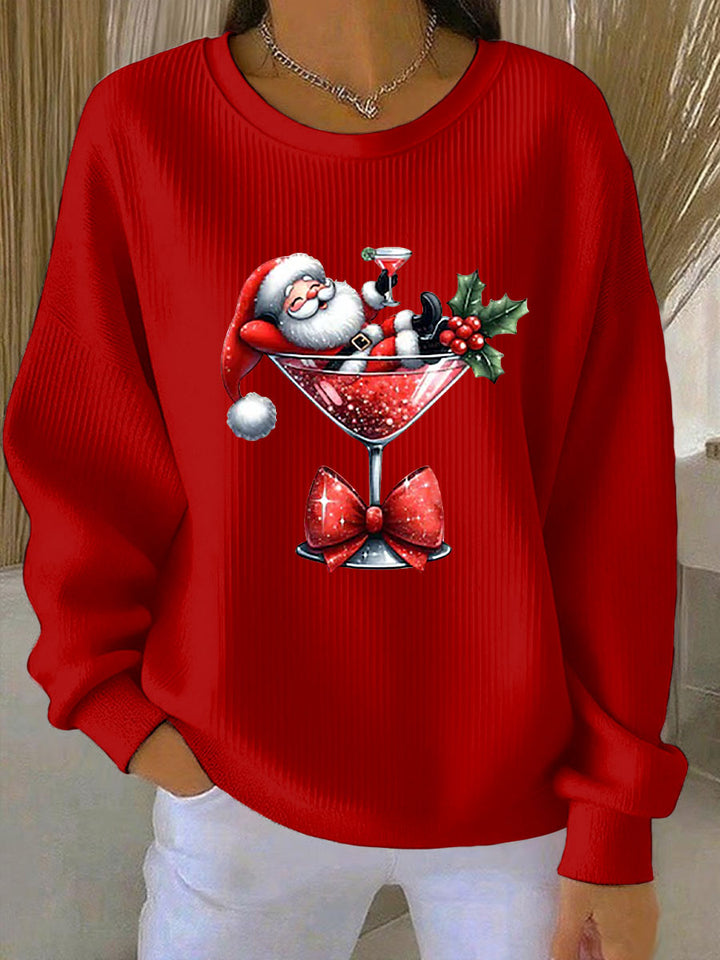 Kvinnors jultröja tryckt Ribbad rund hals sweatshirt