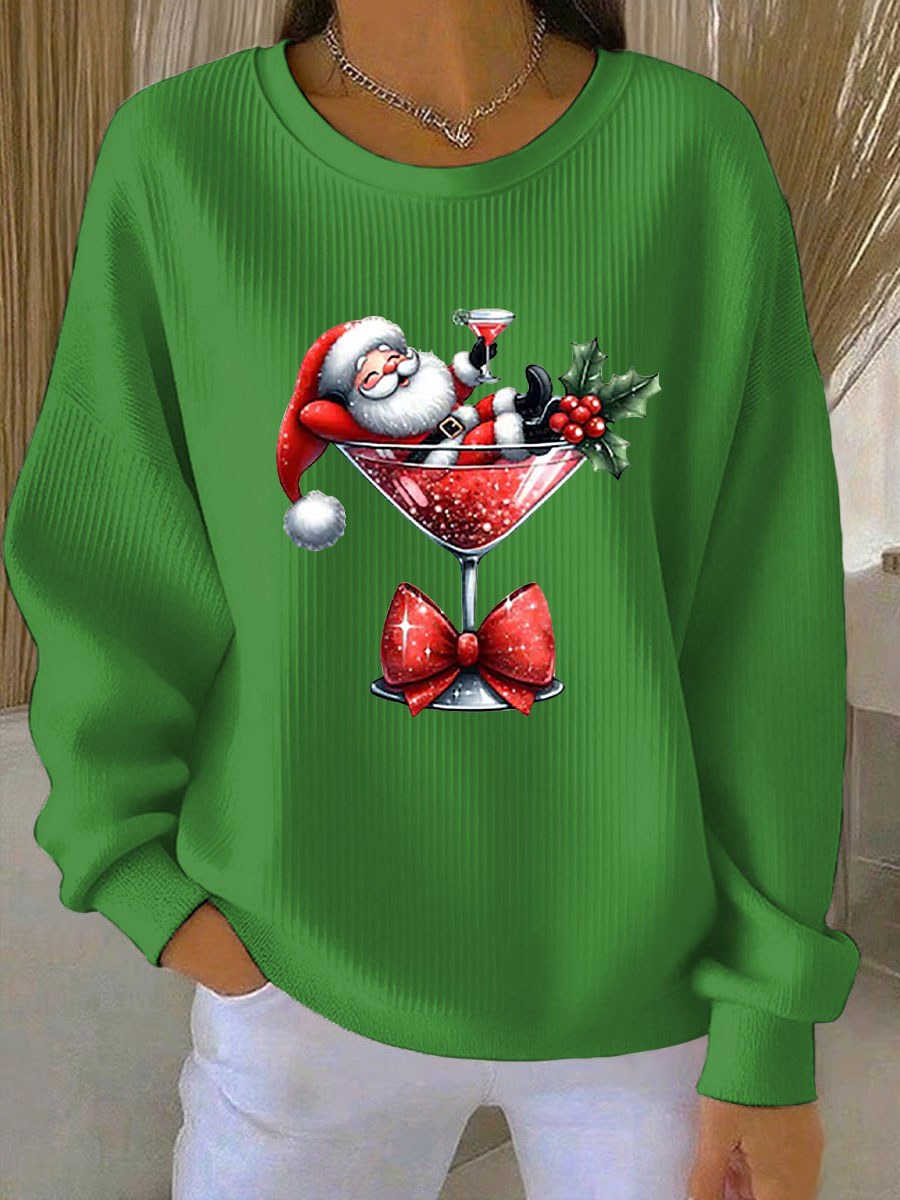 Kvinnors jultröja tryckt Ribbad rund hals sweatshirt