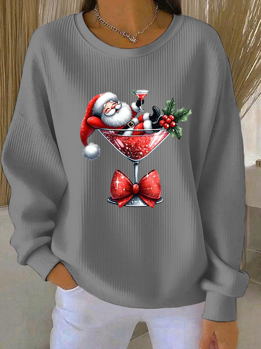 Kvinnors jultröja tryckt Ribbad rund hals sweatshirt
